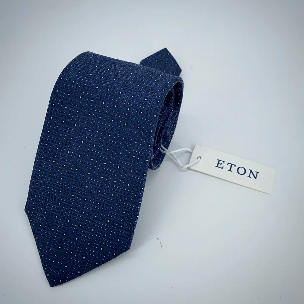Eton Tie Mens One Size Blue Black Patterned‎ Silk Classic Necktie Italy Made NWT